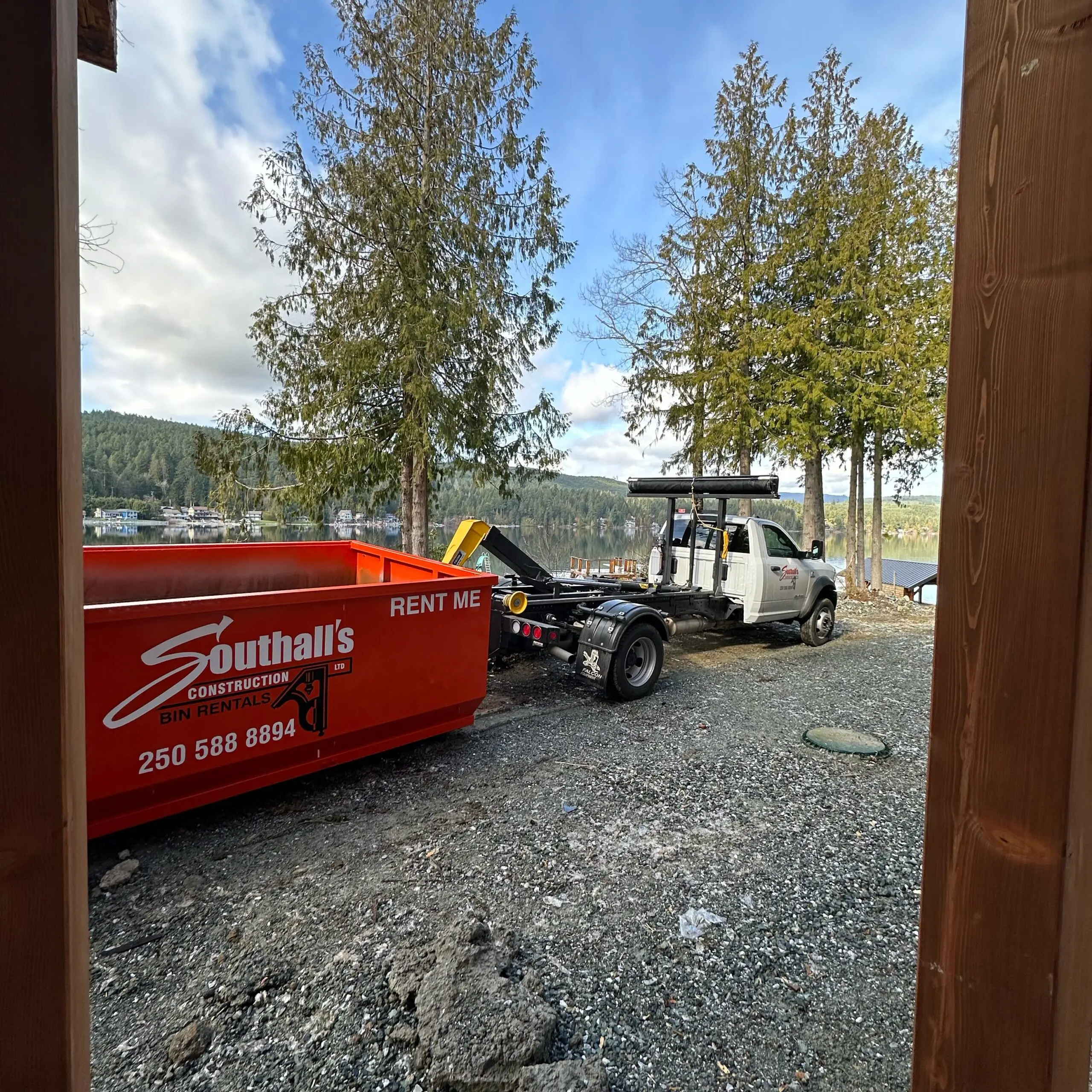 12 yard bin drop-off with Southall Services truck at Shawnigan Lake construction site