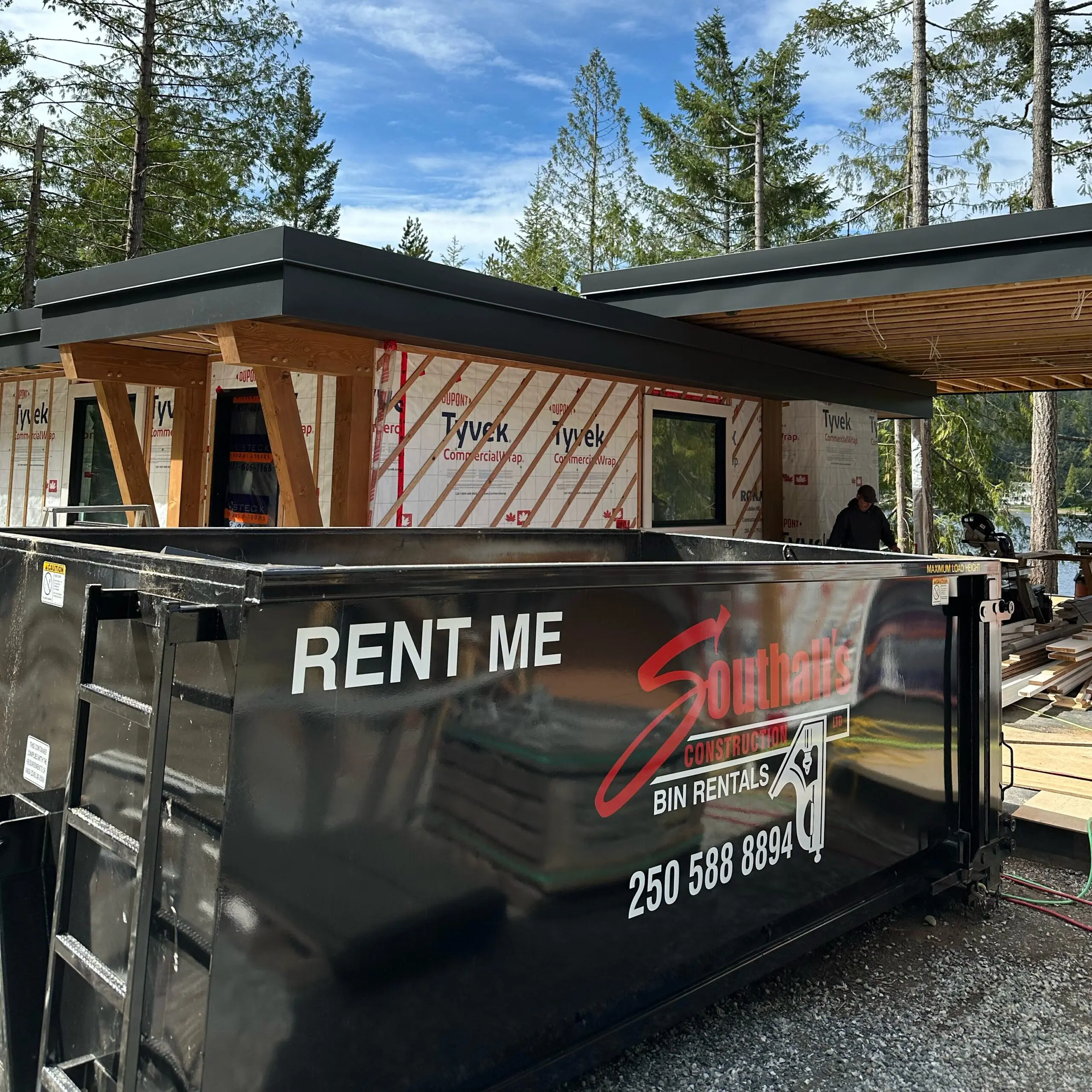 20 yard construction bin rental at Shawnigan Lake job site in Cowichan Valley BC