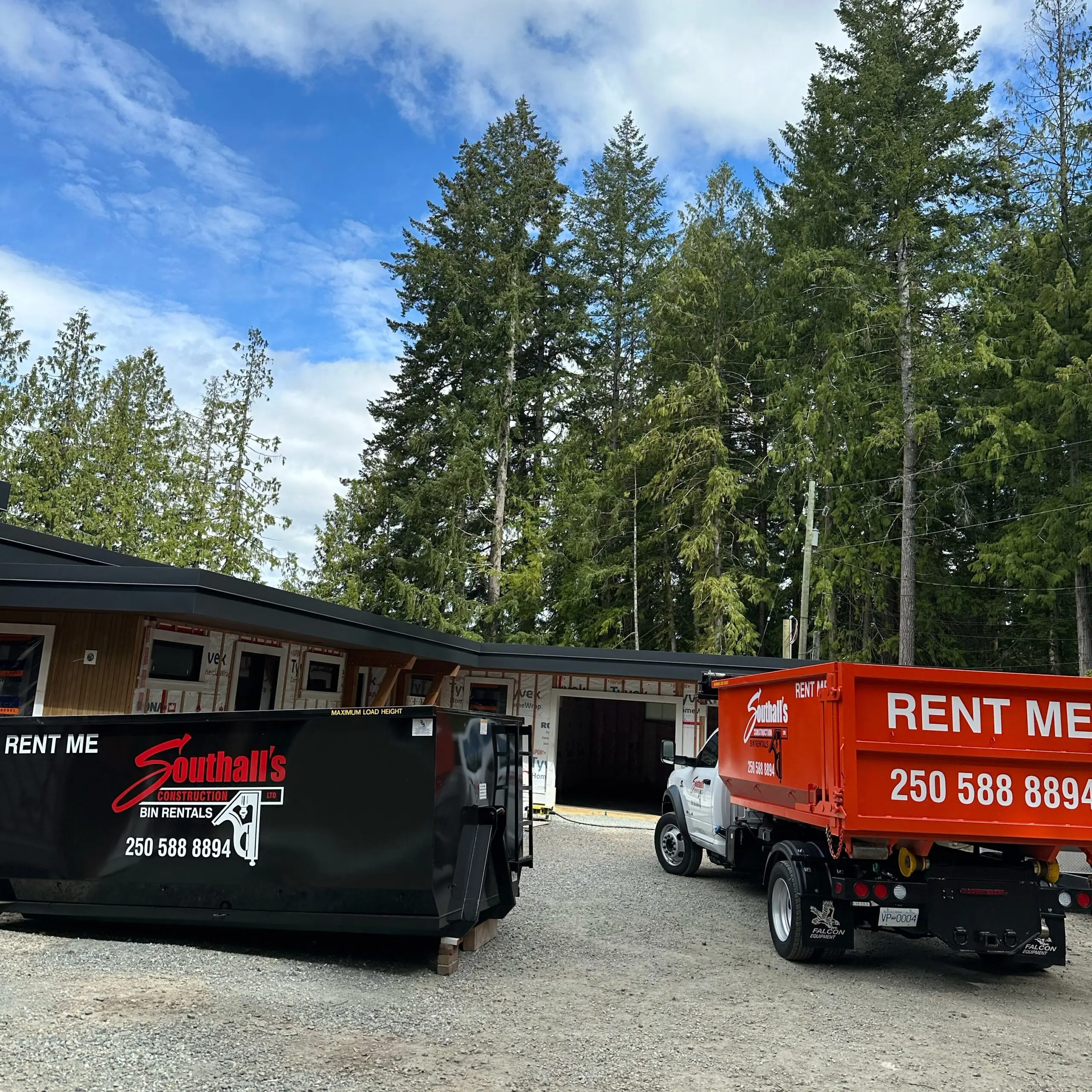 20 yard and 12 yard bins side by side at Shawnigan Lake new home construction site