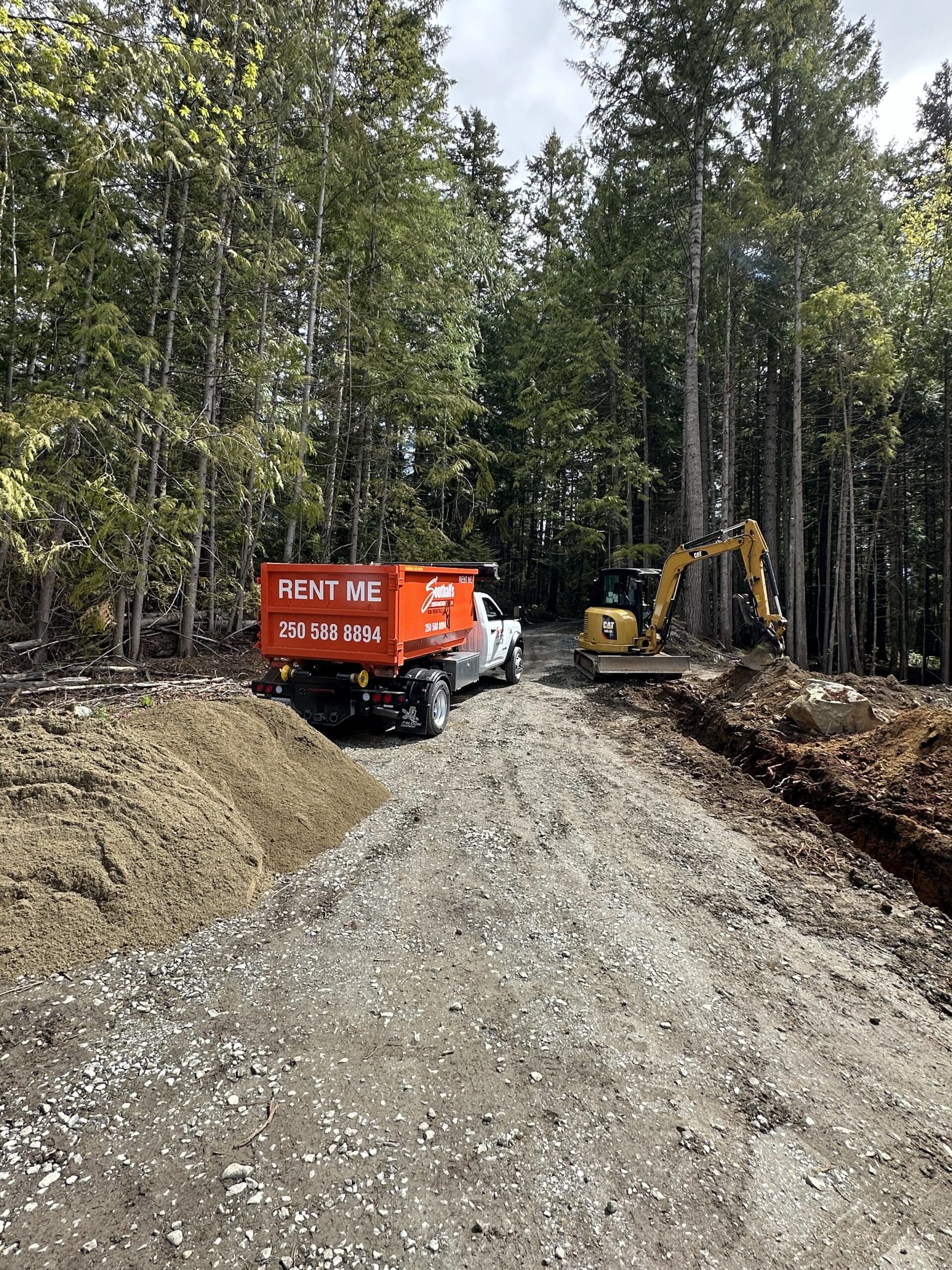 Gas line trenching and bedding sand at Shawnigan Lake construction site in Cowichan Valley BC