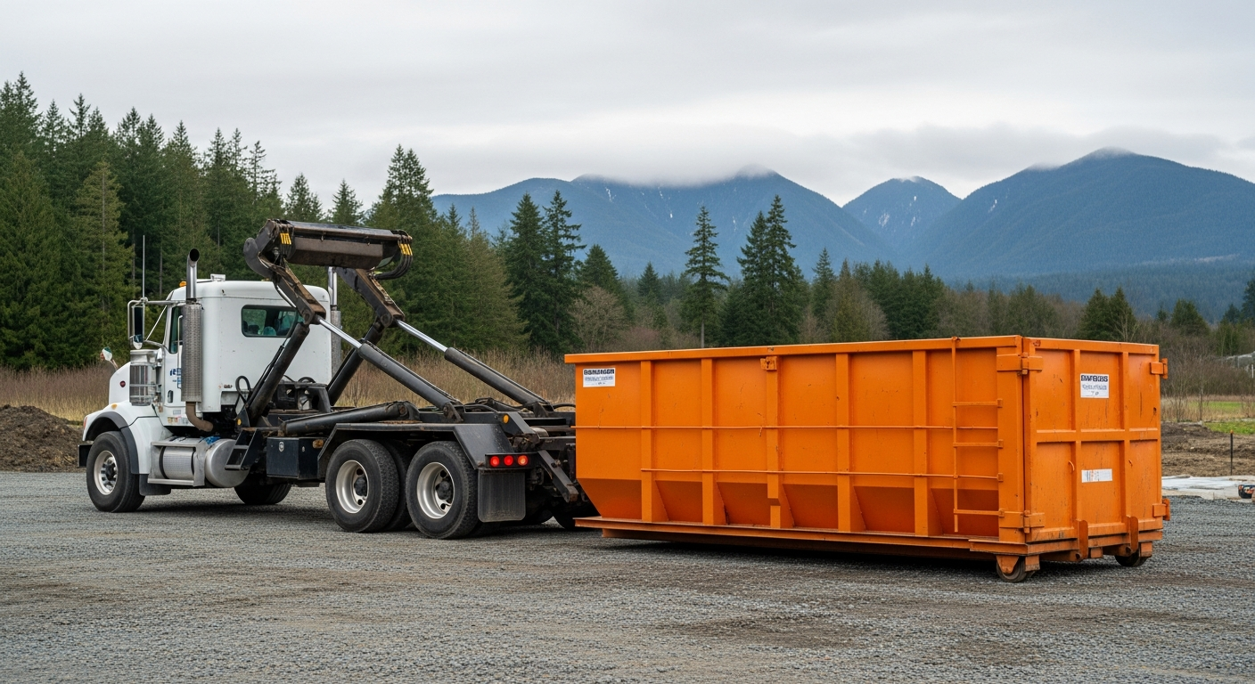 Roll off truck delivering a construction bin to a job site in the Cowichan Valley BC