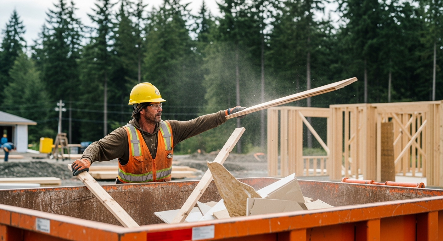 Contractor loading framing offcuts and drywall into a construction bin on a Cowichan Valley job site
