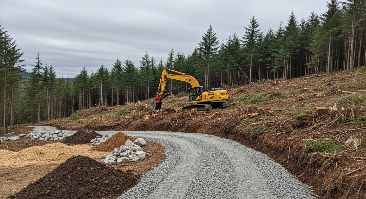 Excavator clearing trees and cutting in a gravel access road on a wooded acreage near Shawnigan Lake