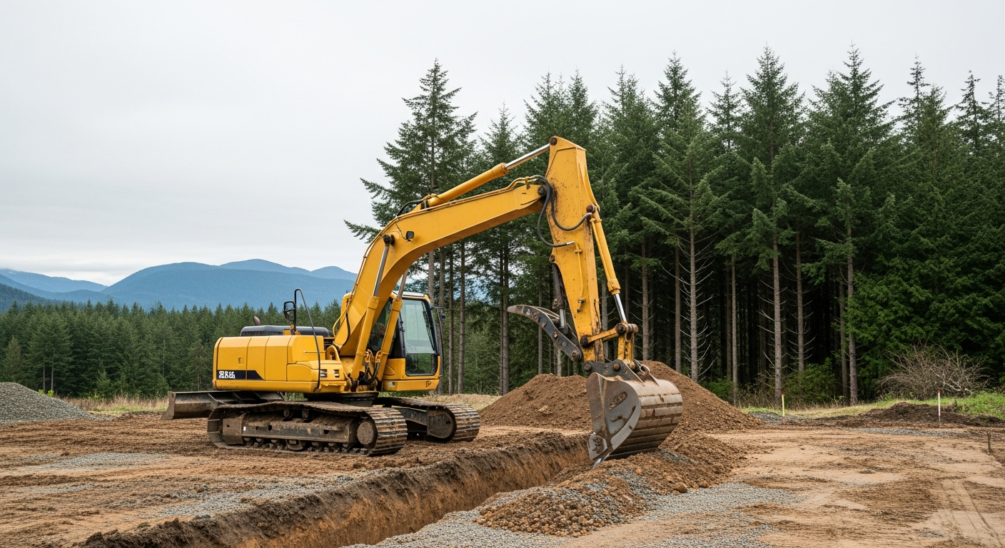 Southall Services excavator digging a foundation on a Cowichan Valley property with forest and mountains behind