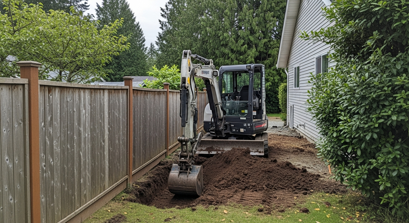 Compact excavator digging along a fence line on a tight residential town lot in Duncan BC