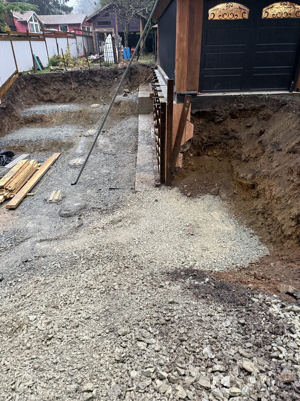 Gravel base and foundation preparation beside the house — garage addition and house underpinning project